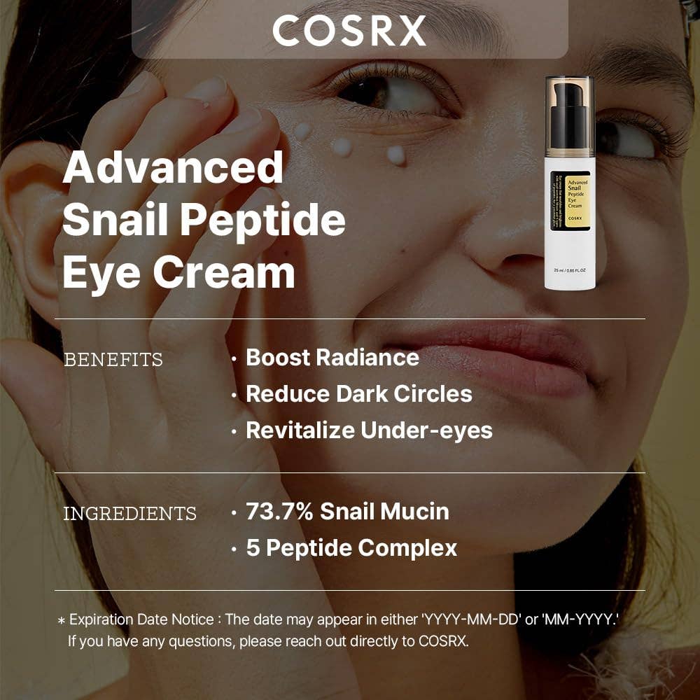 Crème pour les yeux au peptide d'escargot COSRX avec 73,7 % de mucine d'escargot et de niacinamide 25 ml