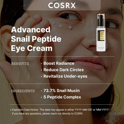 Crème pour les yeux au peptide d'escargot COSRX avec 73,7 % de mucine d'escargot et de niacinamide 25 ml